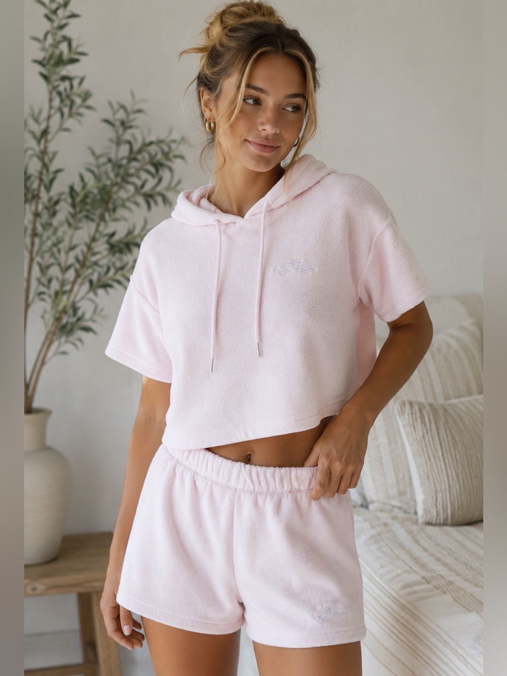 LazyPants Terry Cloth Matching Set Pale Pink Hoodie & Shorts Size M